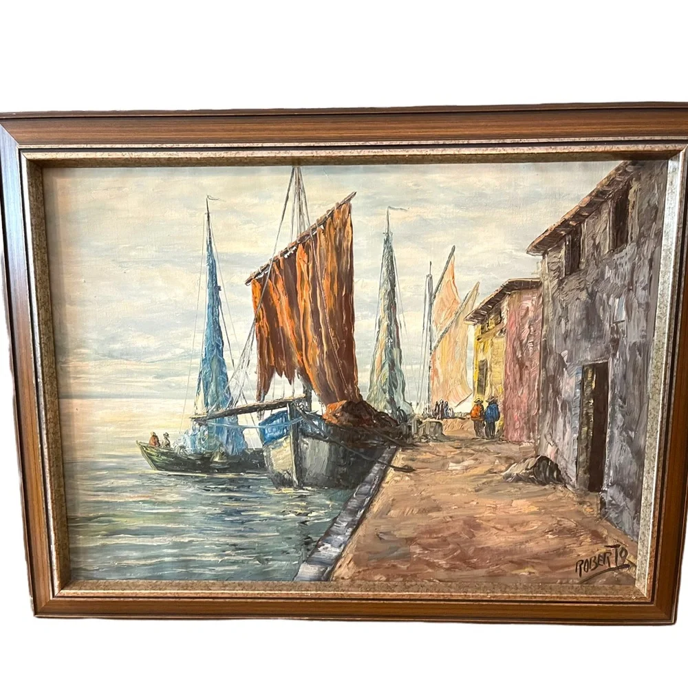 Vintage Nautical Oil Painting on Canvas Signed ROBERTO Sail boats Mid Century - Picture 2 of 12